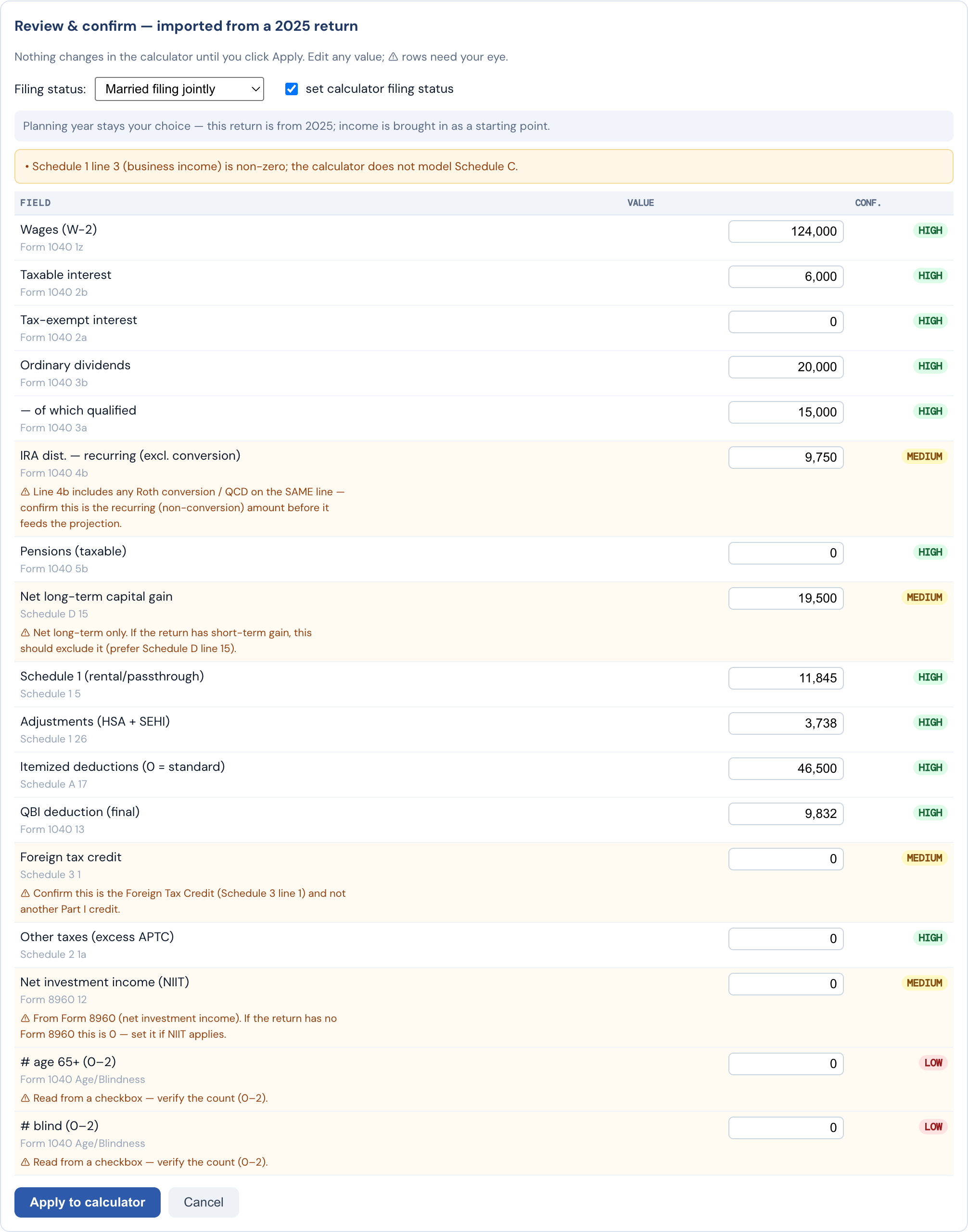 The Review & Confirm panel listing imported 1040 values with confidence flags.